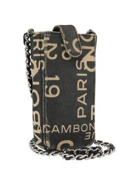 Authentic CHANEL By Sea Line Phone Pouch Shoulder Bag Canvas Black Silver CC